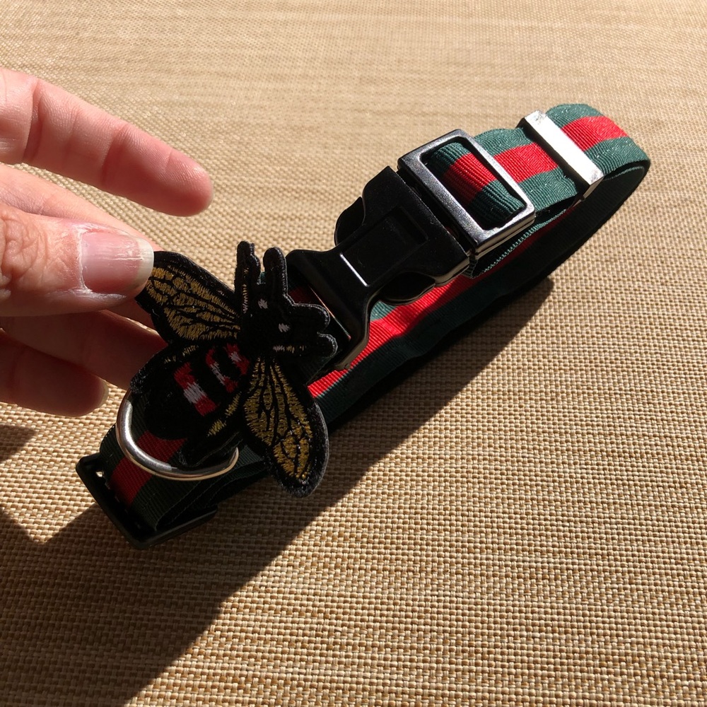 Luxury bee striped ribbon collar medium Pet dog cat bug embroidered gift xmas - Picture 2 of 6